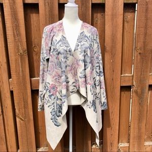 Soft Surroundings Open Front Faux Suede Drapey Floral  Cardigan Spring